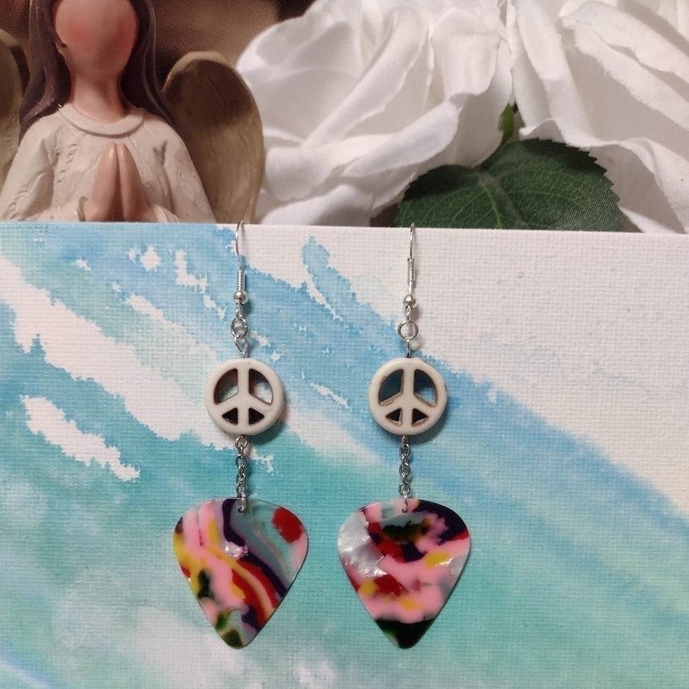 New Handmade Stained Glass Hippie Peace Sign Guitar Pick Drop Earrings
